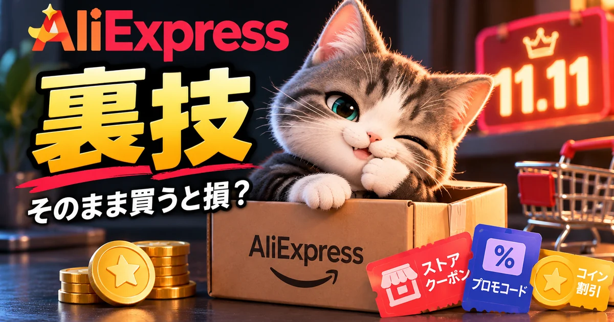 AliExpressの裏技としてコイン・クーポン・11.11セールを紹介する記事のサムネイル