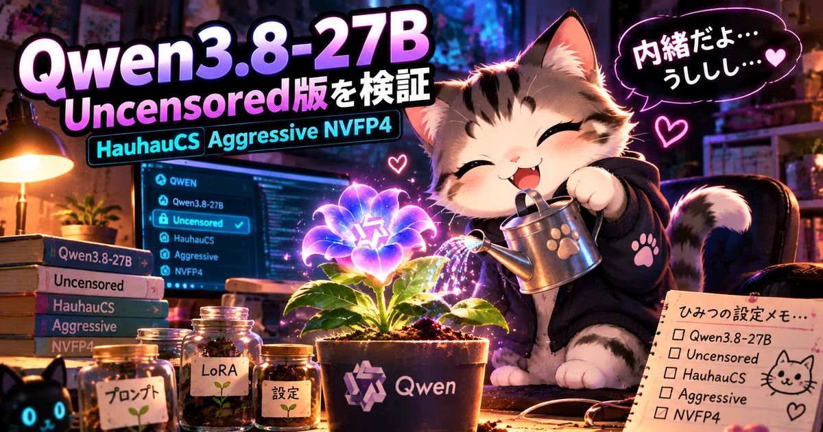 Qwen3.8-27B Uncensored HauhauCS Aggressive NVFP4を猫と植物の実験室風に表現した記事アイキャッチ