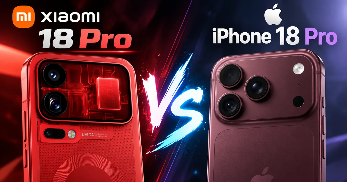 赤いXiaomi 18 ProとバーガンディのiPhone 18 ProをVS形式で比較した画像